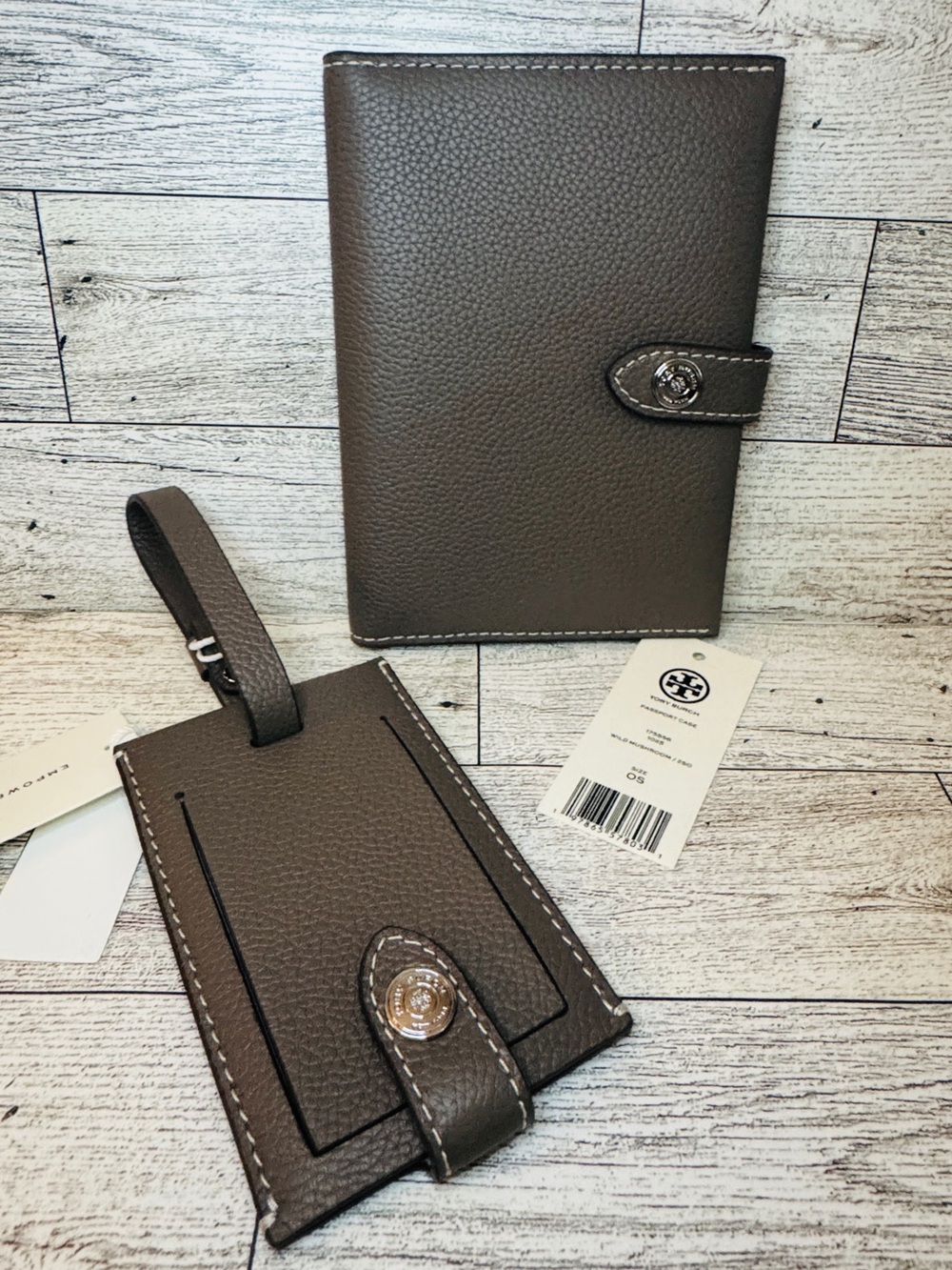 Tory Burch Wild Mushroom Pebbled Leather Passport Cover & Luggage Tag Set